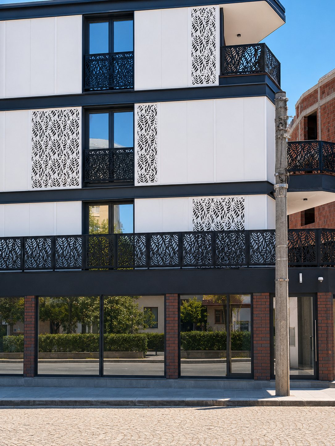Fachada moderna con barandillas decorativas y carpintería negra