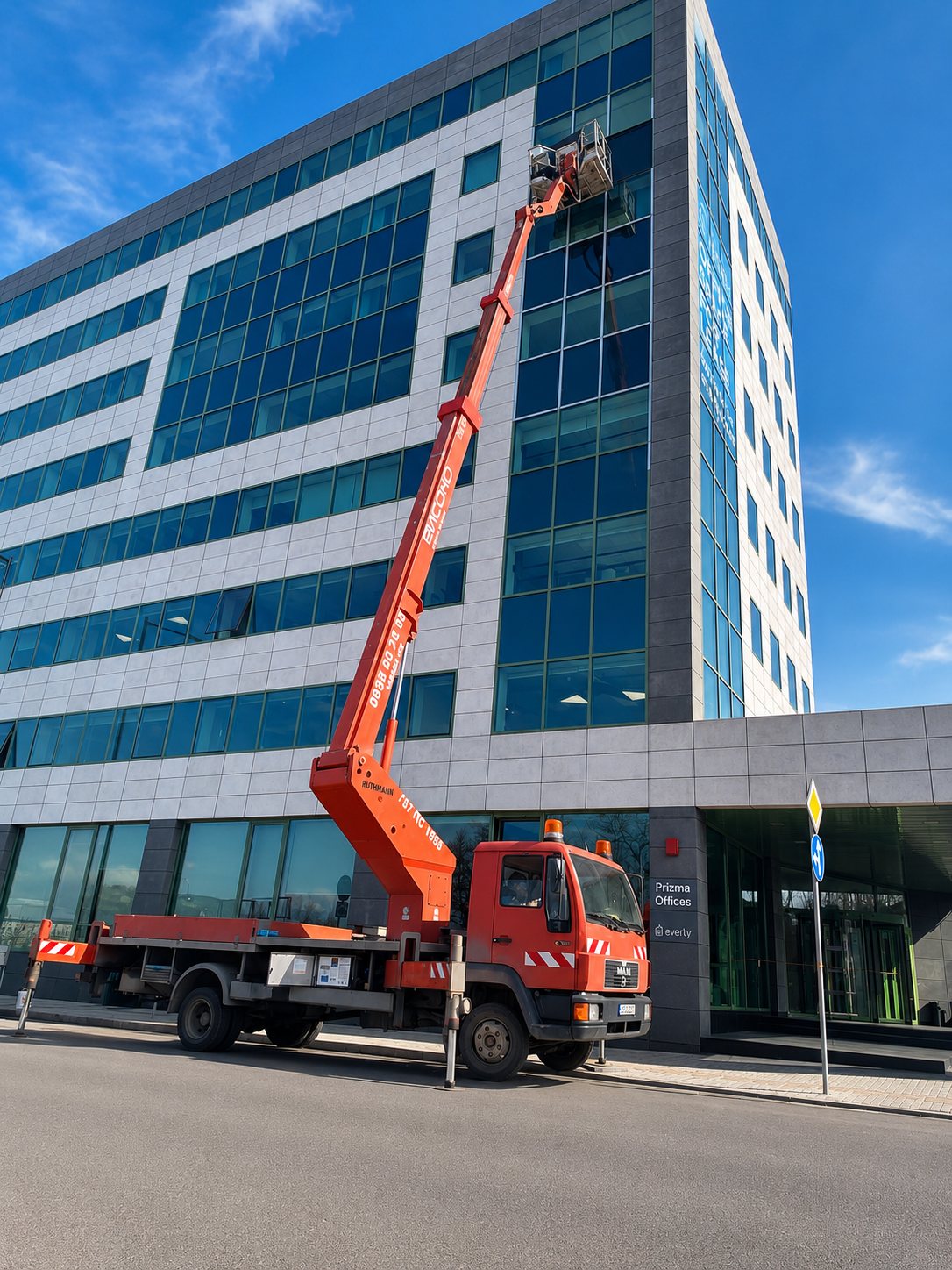 Instalación en altura en edificio de oficinas con plataforma elevadora