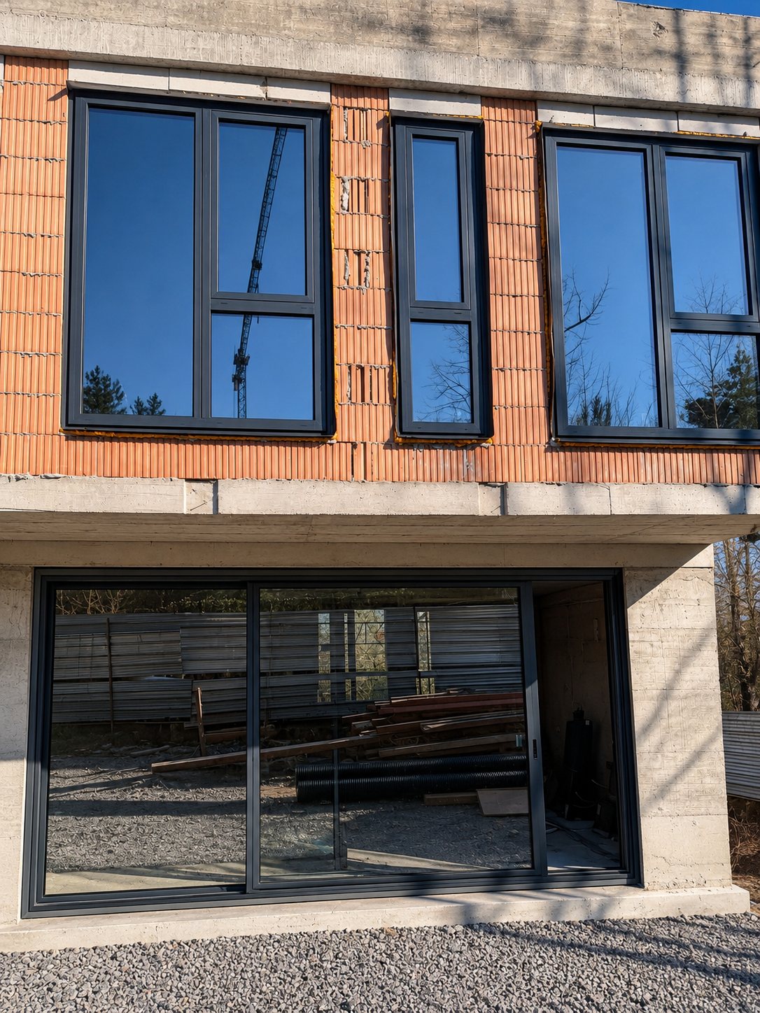 Ventanas negras instaladas en edificio de obra nueva